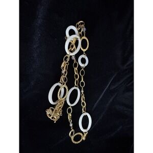 Vintage Joan Rivers Long Gold & White Acrylic Bead & Ring Necklace